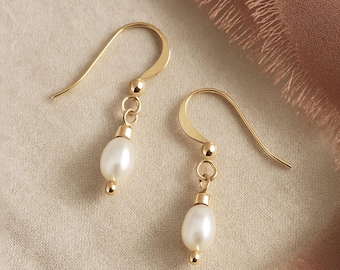 Simple Pearl Drop Earrings | Freshwater Pearl Drops, 14k Gold-Filled | Handmade in Bath UK, Gift-Ready