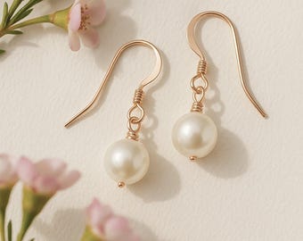 Freshwater Pearl Drop Earrings | 14k Rose Gold-Filled | Dainty Minimal | Handmade in Bath, England