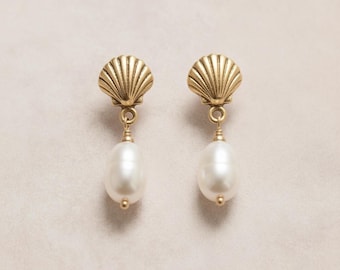 Pearl Drop Shell Stud Earrings • 14k Gold Filled or Sterling Silver • Handmade in Bath UK • Tarnish-Resistant, Gift-Ready