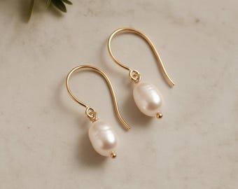 Simple Pearl Drop Earrings | Freshwater Pearl Drops, 14k Gold-Filled | Handmade in Bath UK, Gift-Ready