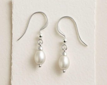 Simple Pearl Drop Earrings | Freshwater Pearl Drops, Sterling Silver | Handmade in Bath UK, Gift-Ready
