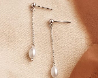 Long Silver Chain Drop Pearl Earrings | Sterling Silver | Gift-Ready, Handmade in England