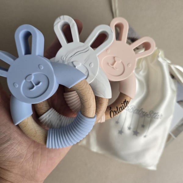 Personalized Bunny Teether: Wood & Silicone Baby Toy Christmas