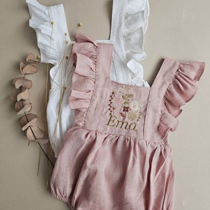Embroidered Personalized Baby Romper: Ruffle Dungaree, Cake Smash Outfit