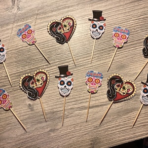 12 Sugar Skull Dia De Los Muertos Day of the Dead Halloween Wedding Cupcake Toppers