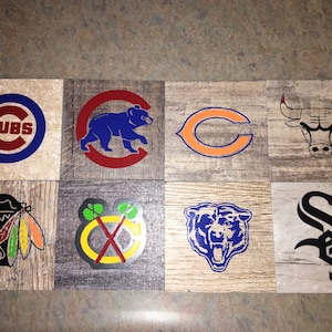 Set of 4 Chicago Sports Team Wooden Vinyl Coasters Blackhawks Bears Cubs Bulls Sox Gift Set You Choose!