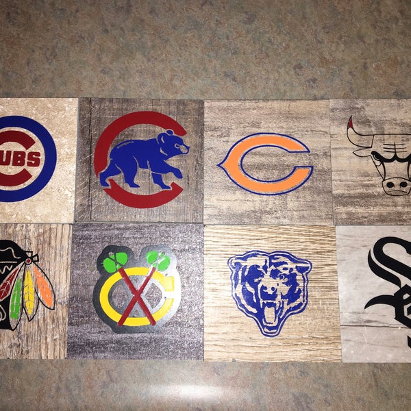 Chicago Sports Team Wooden Vinyl Coasters Blackhawks Bears Cubs Bulls Sox Gift Set