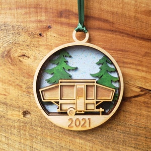 Pop-Up Camper Ornament*FREE PERSONALIZATION*-Multi layer Laser Engraved Wood