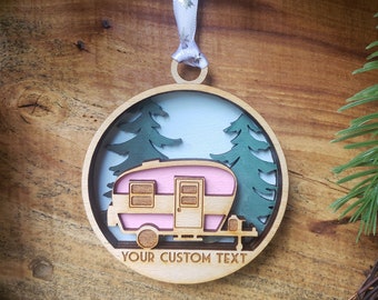 Small Camper Ornament-*FREE PERSONALIZATION*Multi layer Laser Engraved Wood