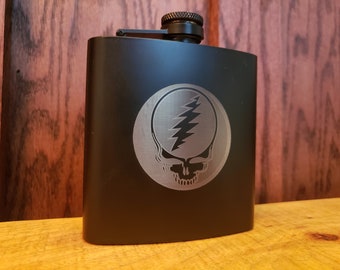 Grateful Dead-Laser Engraved Flask- 6 oz Matte Black Stainless Steel