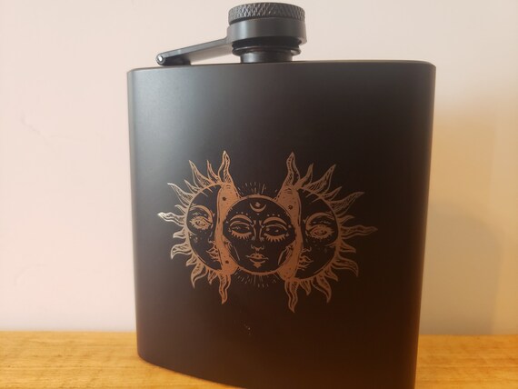 Sun Laser Engraved Flask- 6 oz Matte Black Stainless Steel