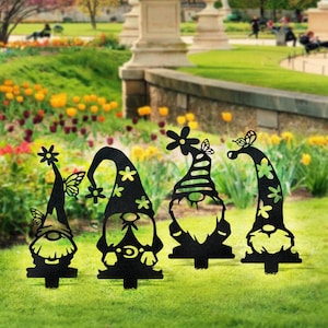 Gnome Set of 4 Yard Stakes - 4 Gnome Set - Housewarming Gift - Metal Home Decor - Metal Yard Art - Fantasy - Laser Cut Metal Yard Art