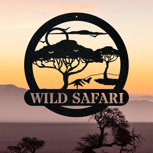 Wildlife Safari Scene Metal Sign - Personalized Custom Text, Laser Cut African Safari Home Decor