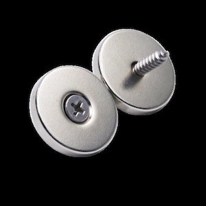 May include: Two silver magnetic closures with a screw hole in the center. The screw is visible in one of the closures.
