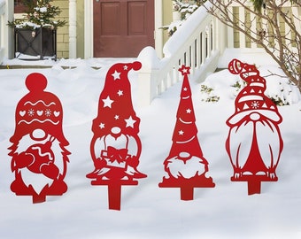 Gnome Christmas Set of 4 Yard Stakes - 4 Gnome Set - Christmas Holiday Gift - Metal Home Decor - Metal Yard Art - Fantasy - Laser Cut