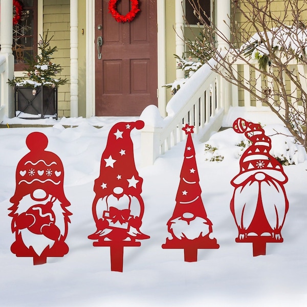 Gnome Christmas Set of 4 Yard Stakes - 4 Gnome Set - Christmas Holiday Gift - Metal Home Decor - Metal Yard Art - Fantasy - Laser Cut