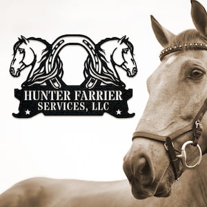 Twin Horses and Horseshoe Monogram - Metal Farrier Sign