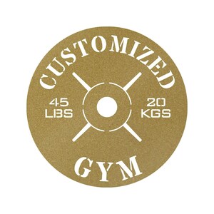 May include: Gold-colored weight plate with the text "CUSTOMIZED GYM" and the weight "45 LBS" and "20 KGS" printed on it.