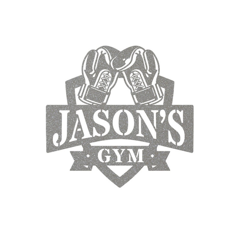May include: A gray and white logo for a gym called "Jason's Gym". The logo features a heart shape with two boxing gloves crossed inside. The text "Jason's Gym" is written in a bold, white font.