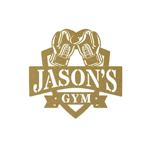 May include: Gold-colored metal sign with a heart shape and boxing gloves. The sign reads "Jason's Gym".