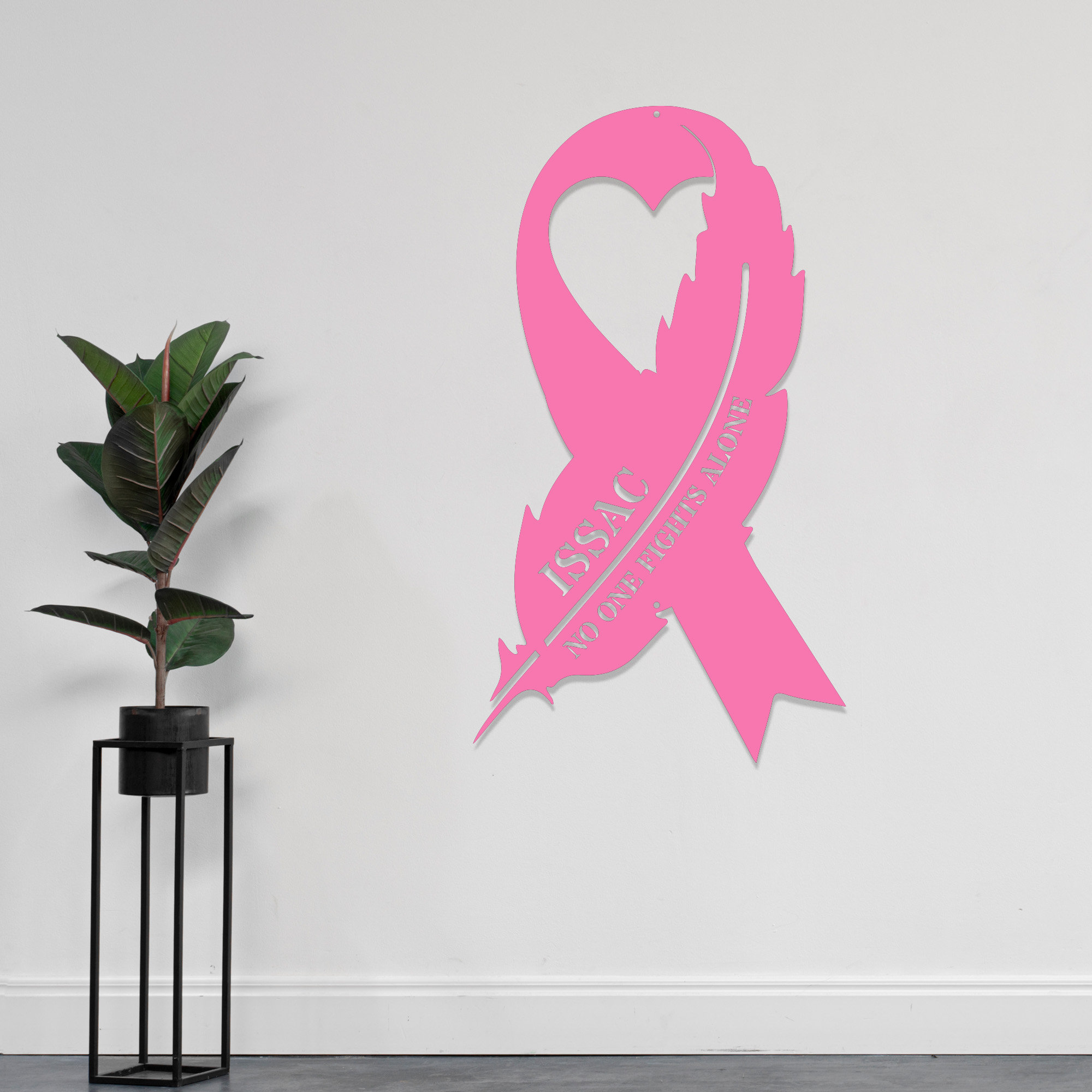 Personalized Awareness Ribbon with Heart and Feather Metal Sign