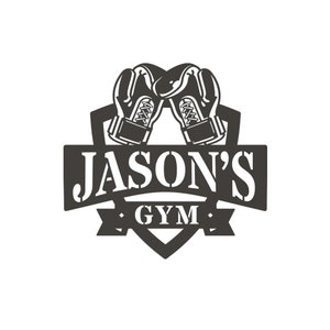 May include: Black and white logo for a gym called "Jason's Gym". The logo features a shield with two boxing gloves crossed inside. The text "Jason's Gym" is written in a bold, blocky font.