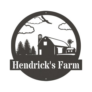 May include: Black and white silhouette of a barn with a windmill and trees in a circle with the text "Hendrick's Farm" below.