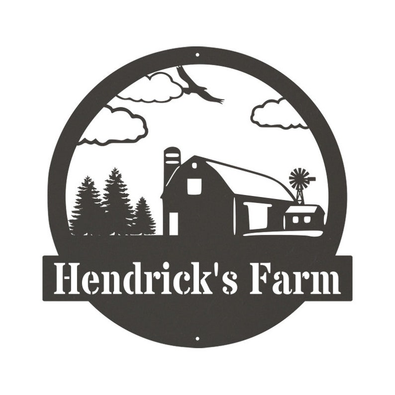 May include: Black and white silhouette of a barn with a windmill and trees in a circle with the text "Hendrick's Farm" below.