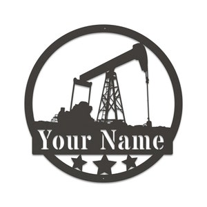 May include: Black metal silhouette of an oil derrick in a circle with the text "Your Name" and five stars below.