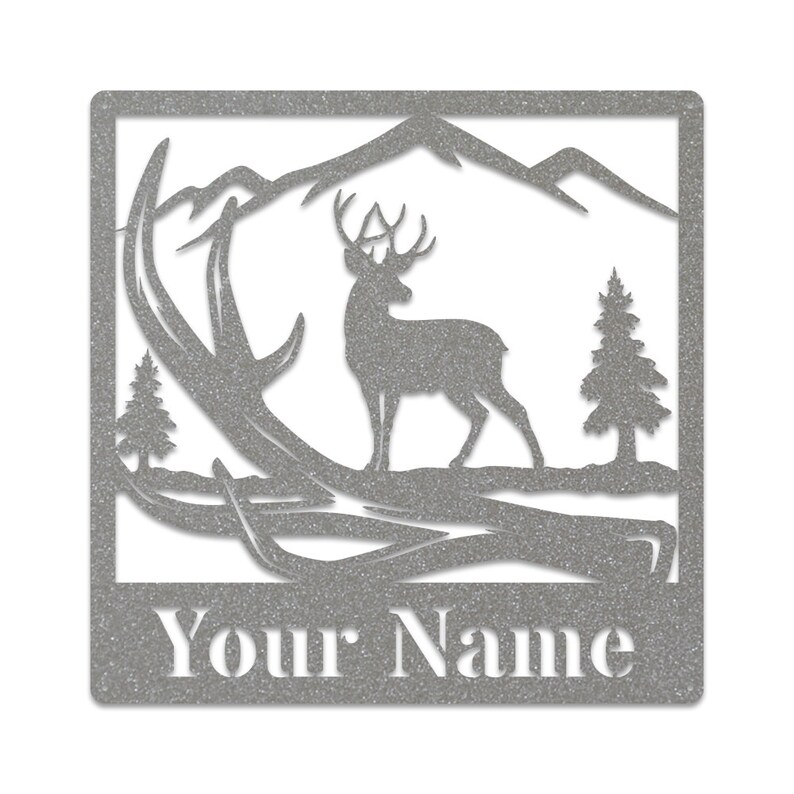 May include: A silver metal sign with a silhouette of a deer standing in front of a mountain range with a tree on either side. The deer has large antlers. The sign has the text "Your Name" at the bottom.