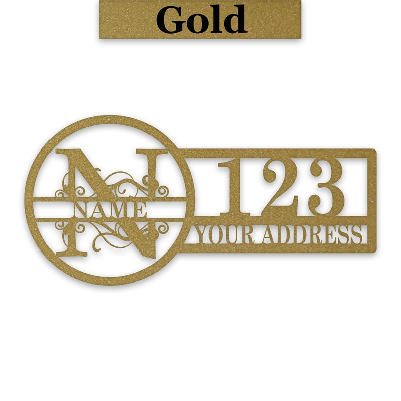 May include: Gold metal house number sign with a decorative initial "N" and the number "123" and the text "YOUR ADDRESS".