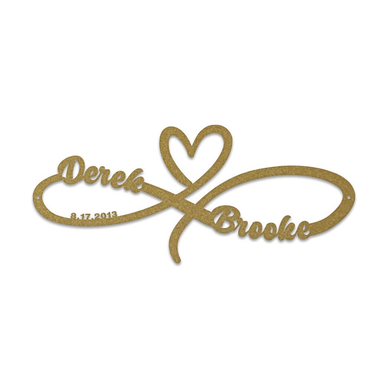 May include: Gold infinity symbol with a heart in the centre. The names Derek and Brooke are written on either side of the symbol. The date 8.17.2013 is written below Derek's name.