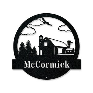 May include: Black metal sign with a silhouette of a barn, trees, clouds, and a bird. The sign has a white banner with the name "McCormick" on it.