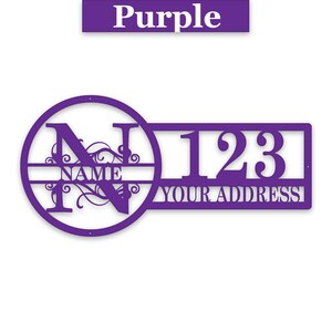 May include: Purple metal house number sign with a circle containing a stylized letter N and the word "NAME" and a rectangular sign with the number "123" and the words "YOUR ADDRESS".