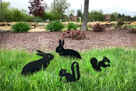 Rabbit and Squirrel Metal Yard Stakes - Whimsical Garden Art (Set of 4)