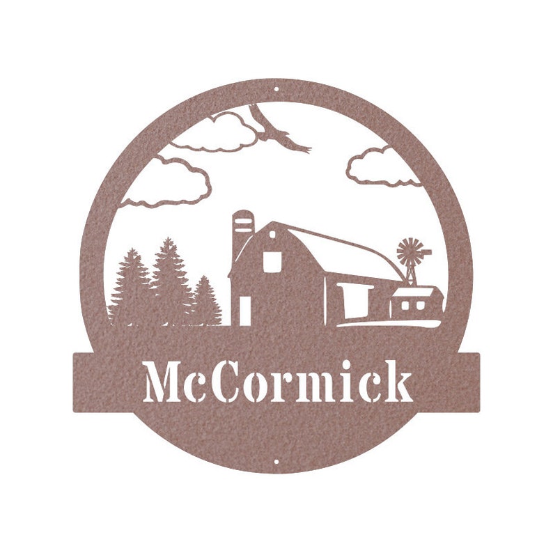 May include: A brown metal sign with a farmhouse silhouette, clouds, and a windmill. The sign has a banner at the bottom with the name "McCormick" in white lettering.