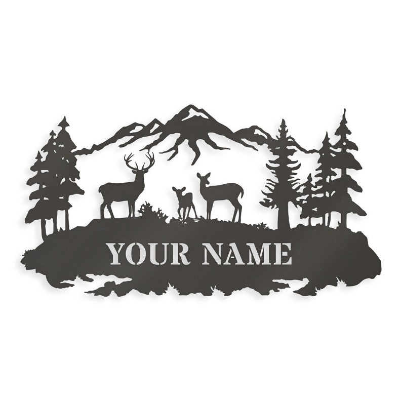 May include: Black metal silhouette of a mountain range with three deer, two adult and one fawn, standing in front of a forest. The text "YOUR NAME" is below the deer.