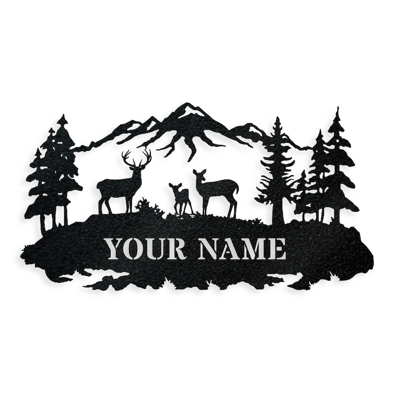 May include: Black metal silhouette of a mountain range with three deer, two trees on each side, and the text "YOUR NAME" at the bottom.