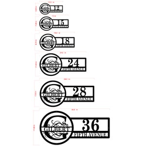 May include: A set of six black metal house number signs with a decorative initial and the street name "Fifth Avenue". The signs are available in six sizes: 12 inches, 15 inches, 18 inches, 24 inches, 28 inches, and 36 inches.