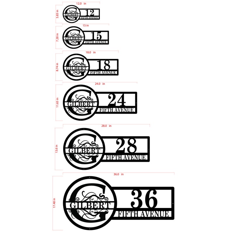 May include: A set of six black metal house number signs with a decorative initial and the street name "Fifth Avenue". The signs are available in six sizes: 12 inches, 15 inches, 18 inches, 24 inches, 28 inches, and 36 inches.