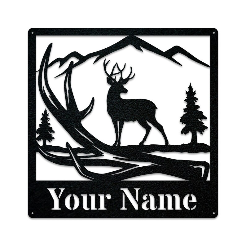 May include: Black metal silhouette of a deer standing in front of a mountain range with antlers in the foreground. The text "Your Name" is at the bottom of the image.