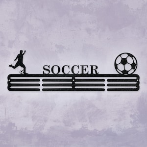 Soccer Boys Custom Sport Medal Hanger - 12 Rungs for medals & Ribbons, Show Team Spirit, metal sign, art, wall decor