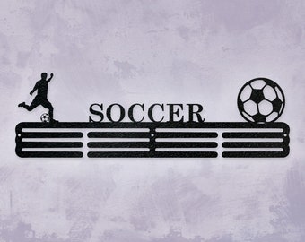 Soccer Boys or Girls Custom Sport Medal Hanger - 12 Rungs for medals & Ribbons, Show Team Spirit, metal sign, art, wall decor