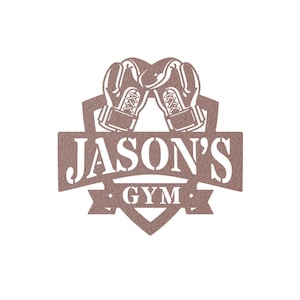 May include: A brown metal sign with a heart shape and boxing gloves. The sign says "Jason's Gym" in white letters.