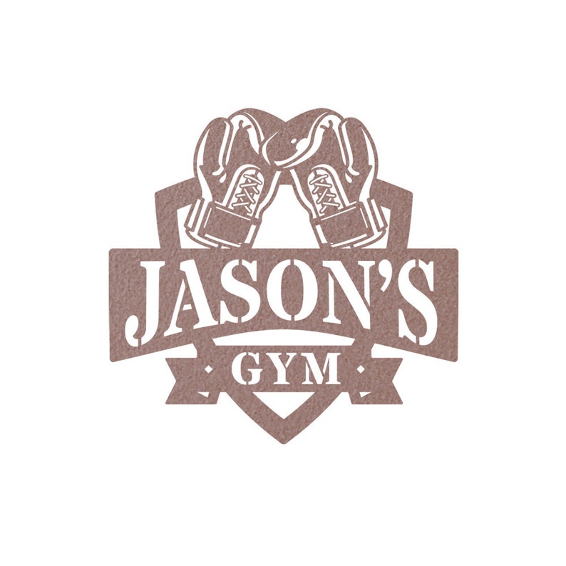 May include: A brown metal sign with a heart shape and boxing gloves. The sign says "Jason's Gym" in white letters.