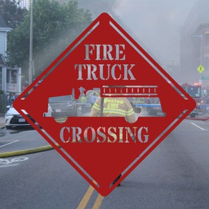Fire Truck Crossing Personalized Metal Sign, Gifts for Firefighter, Fireman Decor, Fire Department Signs, Laser Cut Outdoor Sign