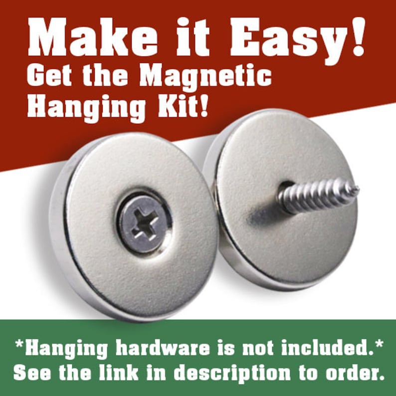 Pode incluir: Dois kits de suspens&atilde;o magn&eacute;ticos prateados com parafusos. O texto na imagem diz "Make it Easy! Get the Magnetic Hanging Kit! *Hanging hardware is not included.* See the link in description to order."
