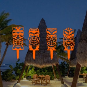 Tiki Set of 4 Yard Stakes - 4 Tiki Set - Island Gift - Metal Home Decor - Metal Yard Art - Laser Cut