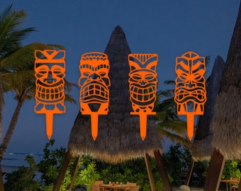 Tiki Set of 4 Yard Stakes - 4 Tiki Set - Island Gift - Metal Home Decor - Metal Yard Art - Laser Cut