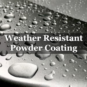 a close-up view of a surface with water droplets on it, suggesting a weather-resistant powder coating.